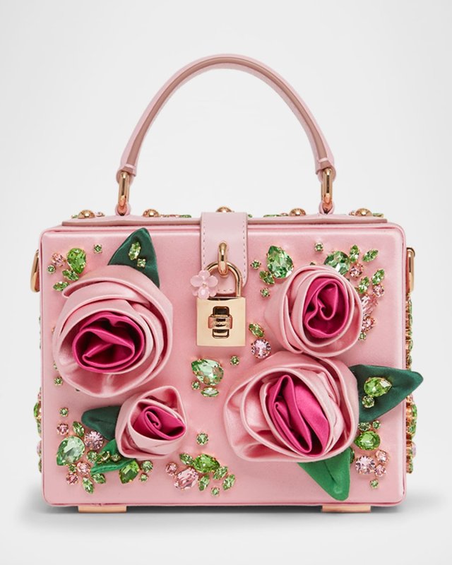 Floral Embellished Satin Box Top-Handle Bag